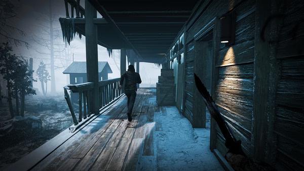 Dead by Daylight screenshot: A survivor runs along a snowy, wooden path as a killer with a weapon pursues in a tense chase scene.