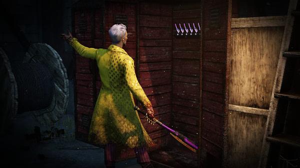 A Dead by Daylight screenshot showing a character in a yellow coat near a red locker, holding a purple-hued weapon.