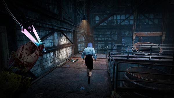 Dead by Daylight screenshot: A survivor with purple hair runs through an industrial map as a killer wields a glowing blade nearby.
