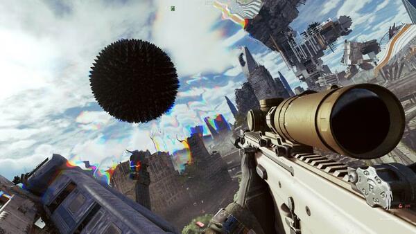 Screenshot from the game Active Matter showing a player aiming a rifle at a giant black sphere in a futuristic cityscape.