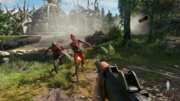 Screenshot from the game Active Matter showing a player aiming at glowing zombie-like creatures in a lush forest near domed buildings.