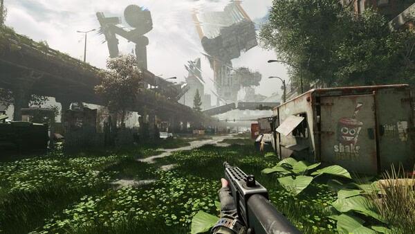 A screenshot from Active Matter shows a player holding a shotgun in a lush, overgrown urban area with futuristic ruins.