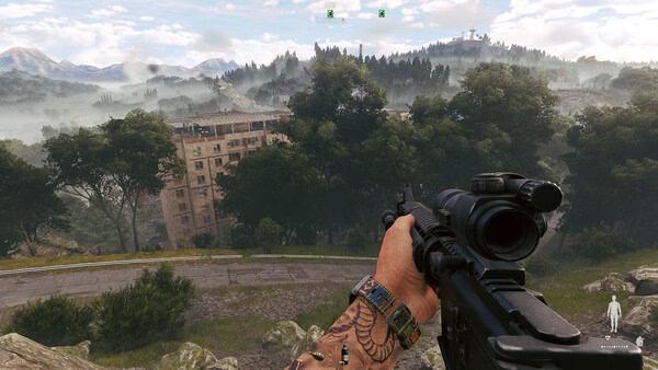 A screenshot from Active Matter shows a tattooed arm holding a scoped rifle, overlooking a misty forest and an abandoned building.