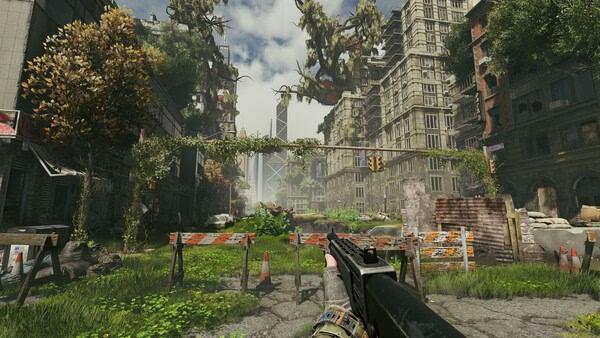 Screenshot from the game Active Matter showing a post-apocalyptic cityscape with overgrown plants and a shotgun in view.