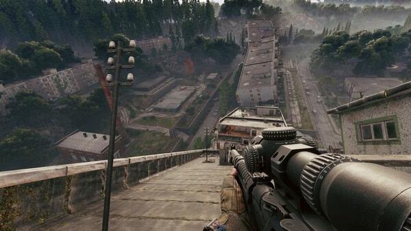 Screenshot from the game Active Matter showing a sniper aiming down a steep urban hillside with dense trees in the background.