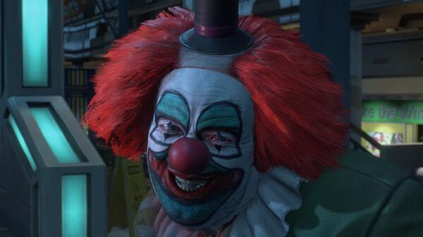 A screenshot from Dead Rising Deluxe Remaster showing a creepy clown with red hair and face paint in a dimly lit environment.