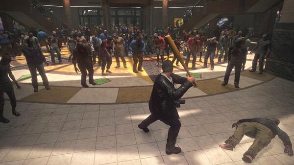A Dead Rising Deluxe Remaster screenshot shows a character with a bat facing a horde of zombies in a shopping mall.