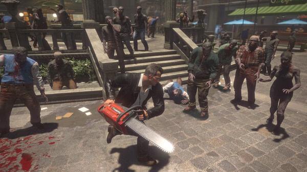 A screenshot from Dead Rising Deluxe Remaster showing a man wielding a chainsaw, surrounded by a horde of zombies in a plaza.