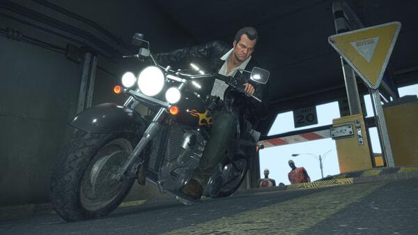Screenshot from Dead Rising Deluxe Remaster showing a character riding a motorcycle in a parking garage with zombies in the background.