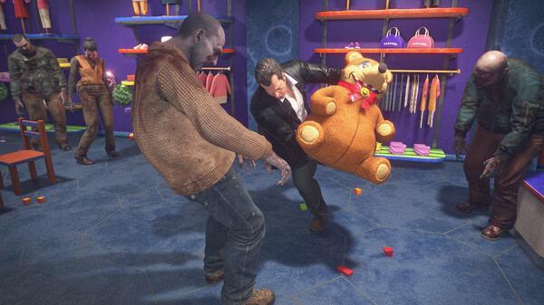 A screenshot from Dead Rising Deluxe Remaster showing a character using a teddy bear to fight zombies in a colorful store.