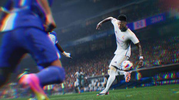 EA SPORTS FC 24 screenshot showing a player in a white jersey skillfully dribbling the ball past a defender in a blue kit.
