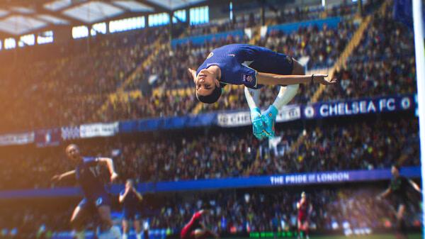 A screenshot from EA SPORTS FC 24 shows a Chelsea FC player performing a mid-air celebration in a packed stadium.
