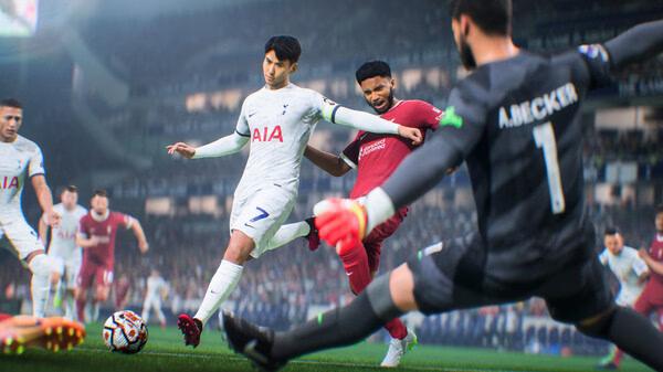 EA SPORTS FC 24 screenshot showing a Tottenham player taking a shot on goal as the goalkeeper dives to make a save.