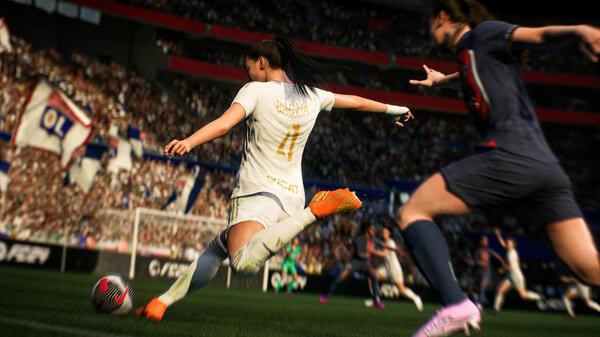 A screenshot from EA SPORTS FC 24 showing a player in a white jersey taking a shot on goal while a defender tries to block.