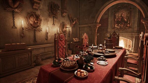 Screenshot from Escape Simulator 2 showing a lavish medieval dining room with ornate chairs, a long table, and a variety of food.