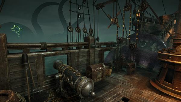 A screenshot from Escape Simulator 2 showing a pirate ship deck with a cannon, treasure chest, and giant tentacles in the mist.