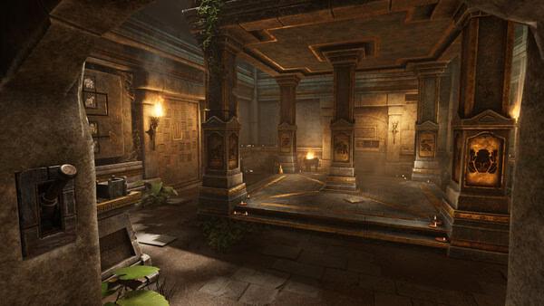 Screenshot from Escape Simulator 2 showing a detailed ancient temple room with stone pillars, glowing torches, and intricate carvings.
