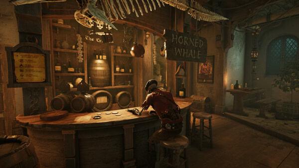 A screenshot from Escape Simulator 2 showing a player investigating a bar counter in the dimly lit Horned Whale tavern.