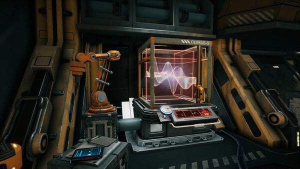 Escape Simulator 2 screenshot: A futuristic lab features a glowing hologram cube, robotic arm, and control panel.