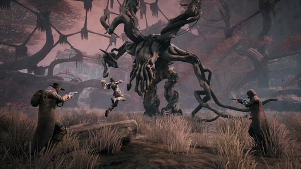 A screenshot from Remnant: From the Ashes showing three players battling a massive, twisted tree-like monster in a desolate landscape.