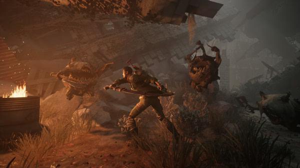 A screenshot from Remnant: From the Ashes showing a player in combat with monstrous creatures in a post-apocalyptic setting.