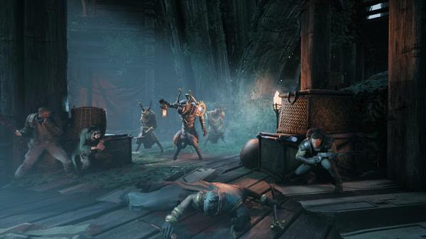 Screenshot from Remnant: From the Ashes showing armed survivors hiding behind cover as enemies charge in a dimly lit wooden area.