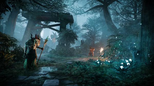 A "Remnant: From the Ashes" screenshot showing a lush forest with glowing plants and armed characters ready for battle.