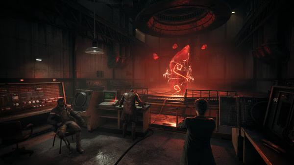 A screenshot from Remnant: From the Ashes shows three characters in a dimly lit lab with a glowing red crystal at the center.