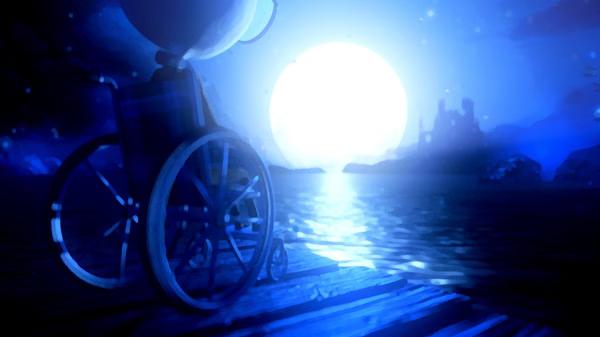 A screenshot from Last Day of June shows a wheelchair on a dock under a glowing full moon, with water and a distant castle.
