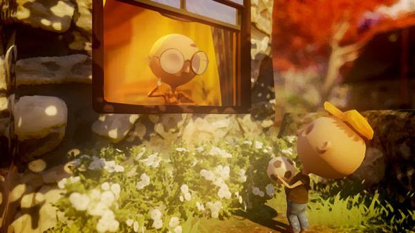 A screenshot from Last Day of June showing a child with a ball outside a house, looking up at a figure in the window.