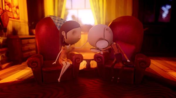 A screenshot from Last Day of June shows two stylized characters sitting on red chairs in a warmly lit room.