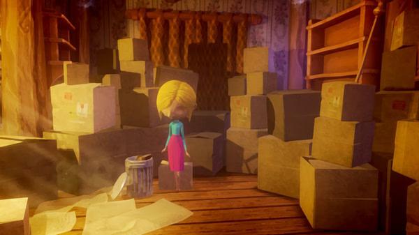 A screenshot from Last Day of June shows a character in a room filled with stacked boxes, papers, and a trash bin.