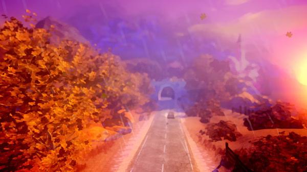 A colorful screenshot from Last Day of June showing a car on a road surrounded by autumn trees at sunset.