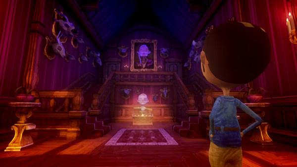 Screenshot from *Last Day of June* showing a character in a room with mounted animal heads and a glowing object on display.