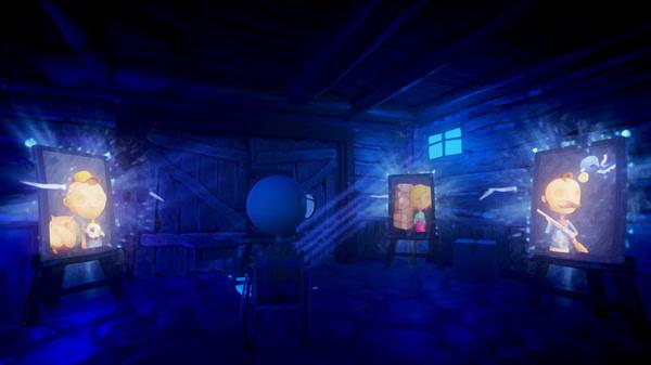 Screenshot from "Last Day of June" showing a character in a wheelchair facing glowing portraits in a dimly lit blue room.