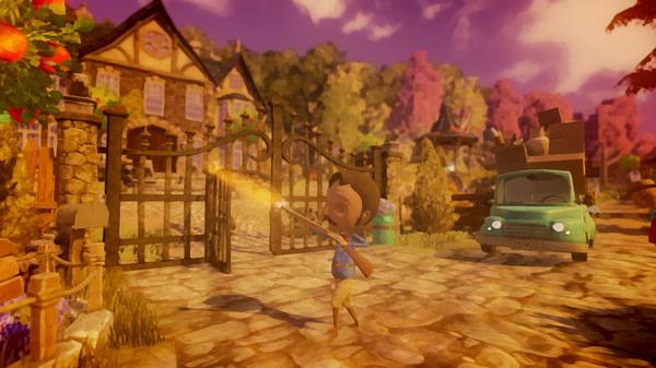Screenshot from Last Day of June showing a character holding a glowing stick near a gate, with a car loaded with boxes in the background.