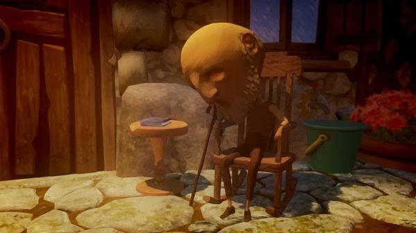 A screenshot from Last Day of June showing an elderly man with a cane sitting on a rocking chair outside a stone house.