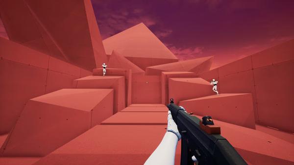 Screenshot from KovaaK's shows a first-person view aiming at two white-armed targets in a red geometric environment.