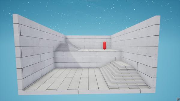 A screenshot from KovaaK's showing a white-walled training arena with stairs and a red target against a blue sky.