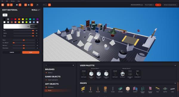 Screenshot of KovaaK's showing a level editor with various props, objects, and tools on a grid in a 3D workspace.