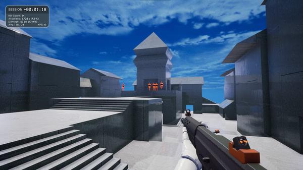 KovaaK's screenshot showing a first-person view of a player aiming a gun at red targets in a futuristic training environment.