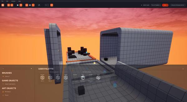 Screenshot from KovaaK's showing a training environment with grid-textured platforms and a sunset sky in the background.