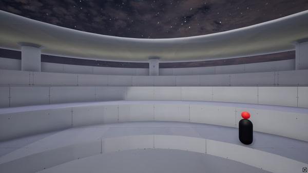 A KovaaK's screenshot showing a cylindrical black target with a red top on a platform in a circular arena under a starry sky.