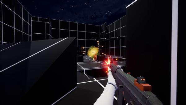 A KovaaK's screenshot showing a first-person view of a player shooting at a glowing target in a grid-patterned arena.