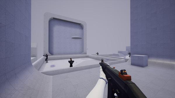 Screenshot from KovaaK's showing a first-person view aiming at targets in a minimalistic training arena.