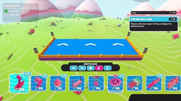Fall Guys screenshot showing the Swinging Axe obstacle setup screen with colorful icons and a vibrant green landscape.