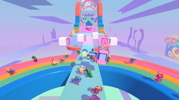 Screenshot of Fall Guys showing colorful characters racing up a rainbow-themed obstacle course toward a finish line.