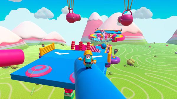 A Fall Guys screenshot showing a jellybean character in a builder outfit balancing on a blue beam in a colorful obstacle course.