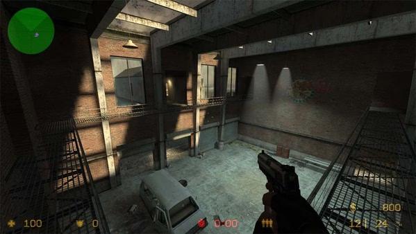 A Counter-Strike: Source screenshot showing a player aiming a pistol in a dimly lit brick-walled garage with a white van.