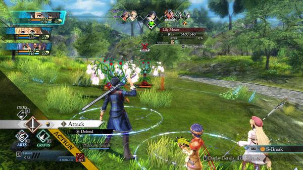 Screenshot from "The Legend of Heroes: Trails through Daybreak" showing characters in a grassy field battling an enemy.